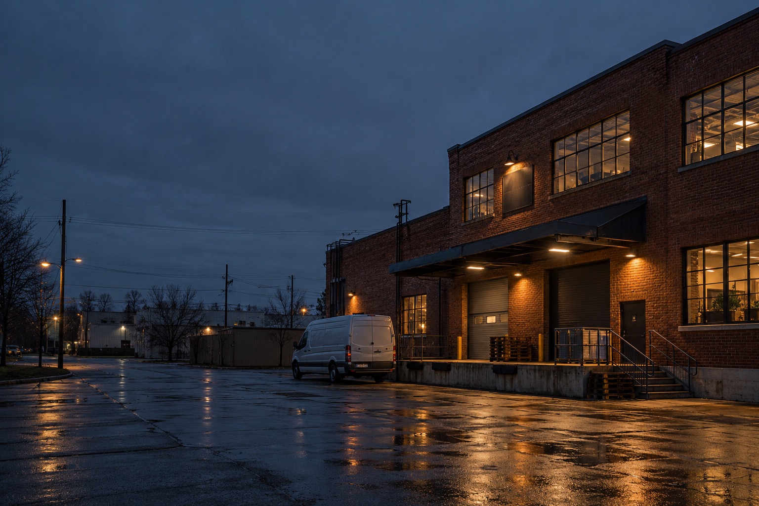 Illustrative brick business at dusk — generated editorial image
